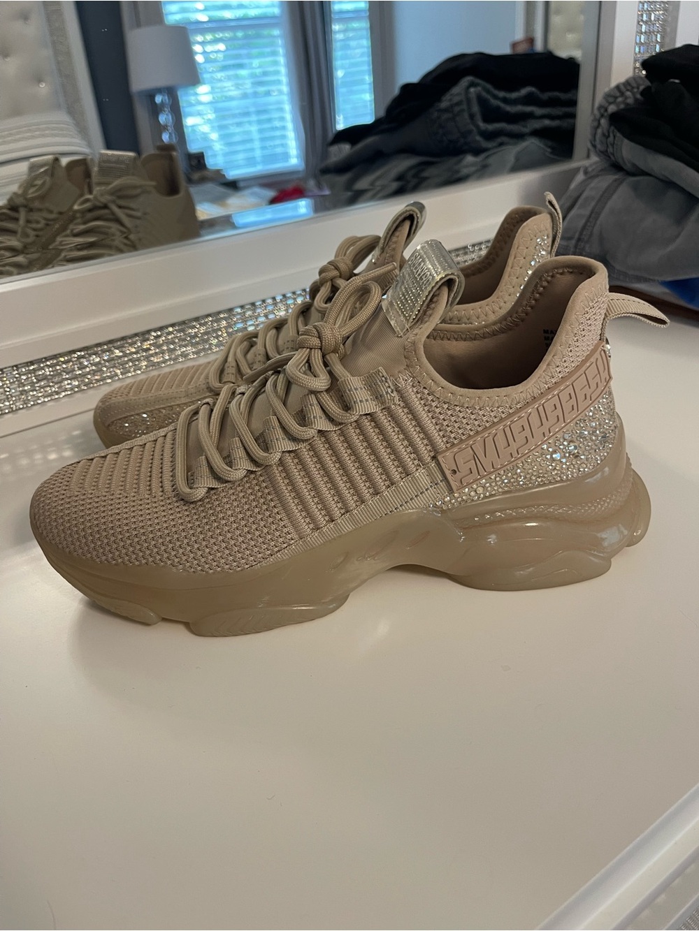 Steve Madden Taupe Knit Platform Sneaker with Crystal Heel
